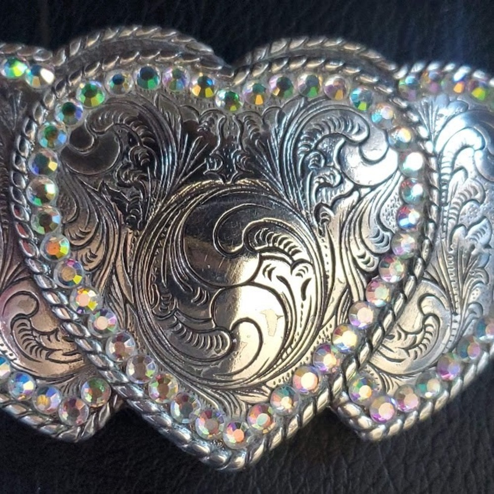 Nocona Silver Tone Triple Heart Western Belt Buckle Rhinestone Engraved Floral - Picture 3 of 7